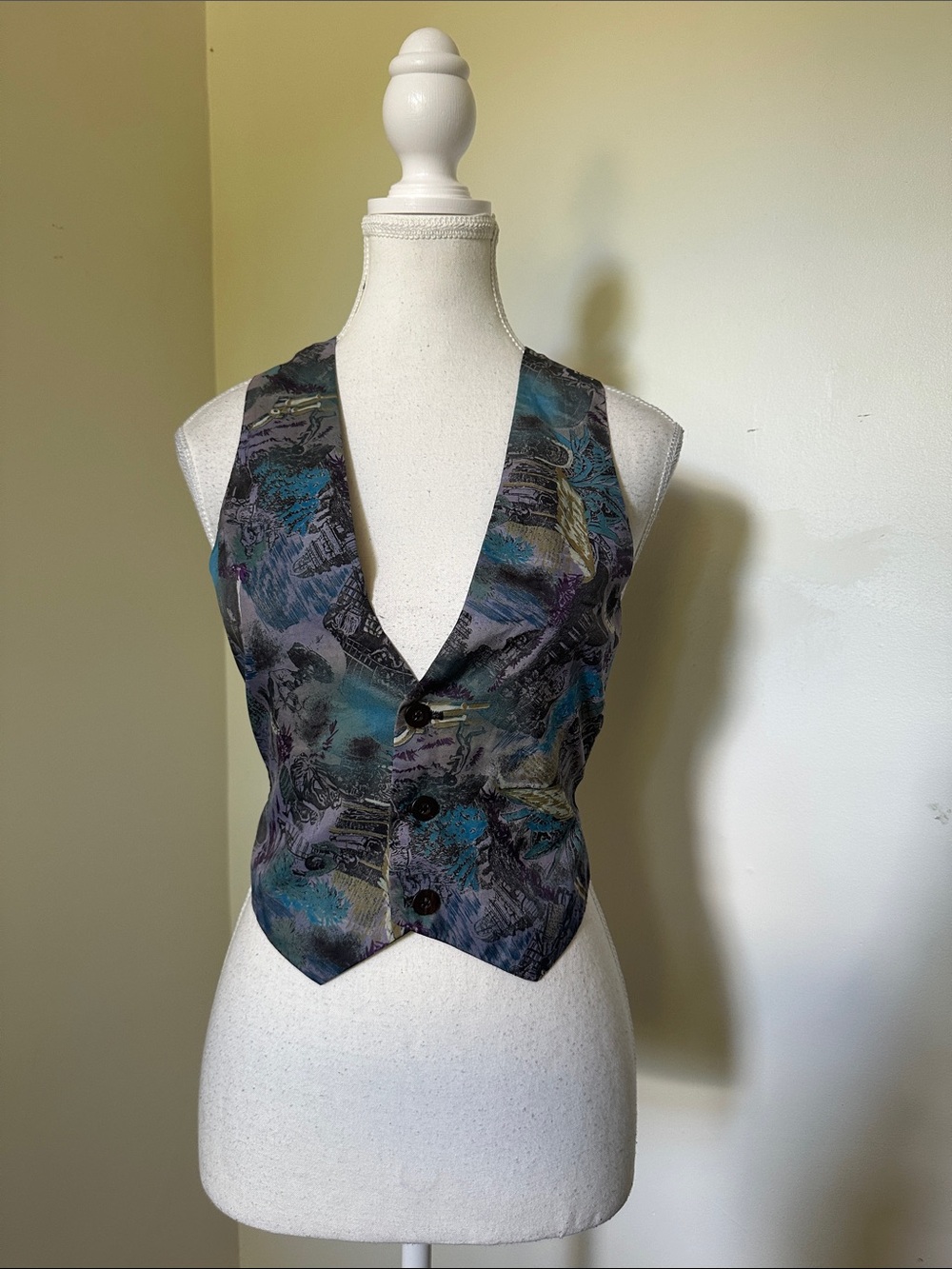 ROBERT ALLAN Vintage Retro Abstract Twee Vneck Button Cropped Vest Medium
